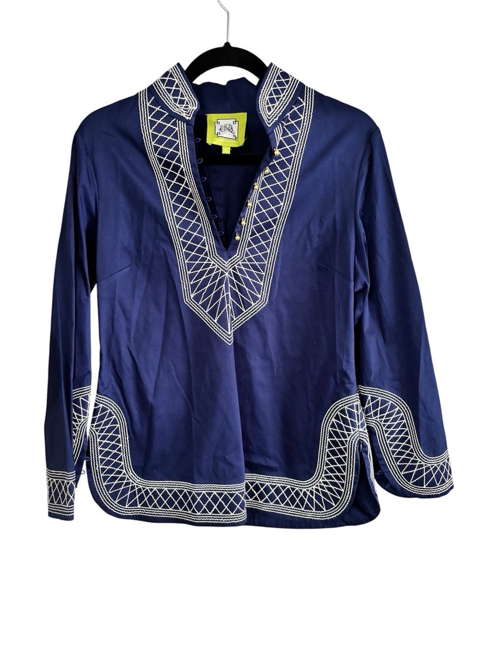 Elizabeth McKay Navy Tunic with White Geometric Embroidery